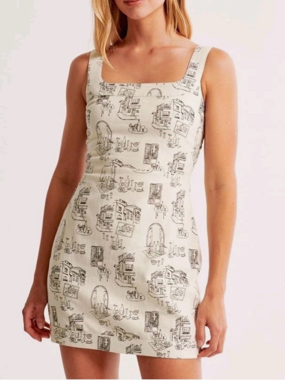 Abercrombie & Fitch Square Neck Linen Café Print Minidress
